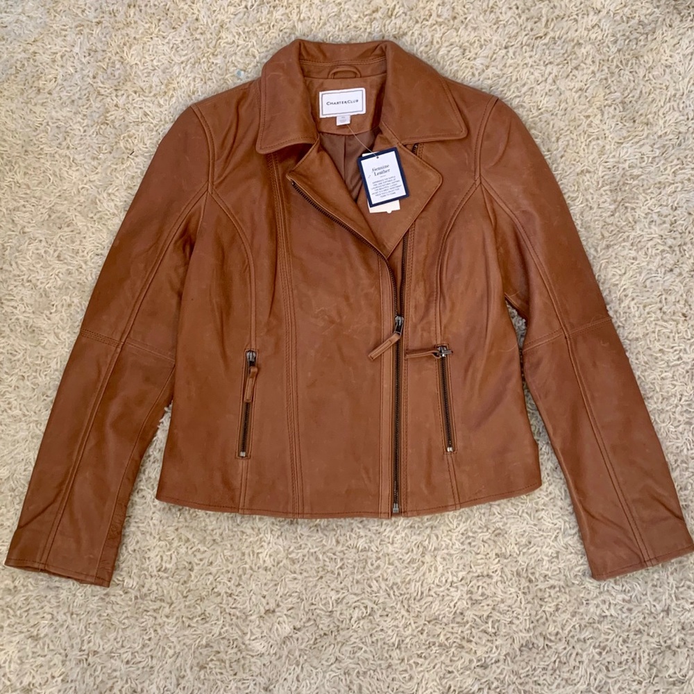 Charter Club Brown Leather Moto Jacket Size PS